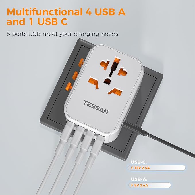 Universal Travel Plug Adapter 30W, TESSAN International Power Adaptor with 1 USB C and 4 USB A Ports, Travel Worldwide Outlet for US to European EU UK AUS (Type C/G/A/I)