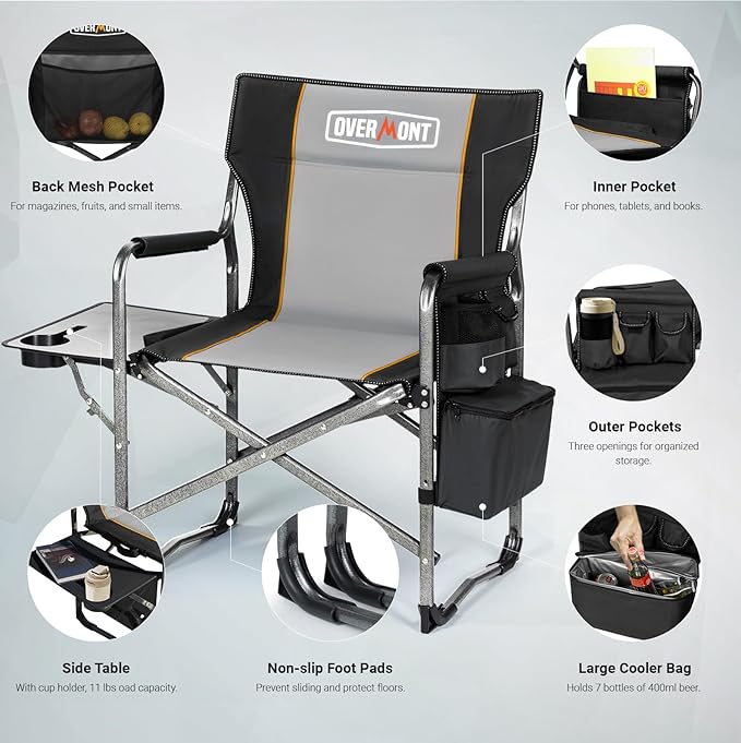 Overmont Oversized Lightweight Camping Chair - Comfortable Heavy Duty Foldable Directors Chairs with Side Table & Cooler Bag for Outside Camp Beach Picnic Lawn and Fishing Supports 400lbs