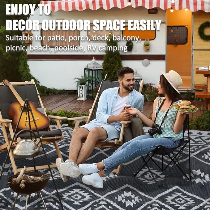 LILIOFFIC Outdoor Rug 9x12 ft, Waterproof Outdoor Plastic Straw Rug for Camping, Large RV Mat Outside, Outdoor Carpet for Deck, Backyard, Balcony, Picnic, with 4 Stakes, Grey