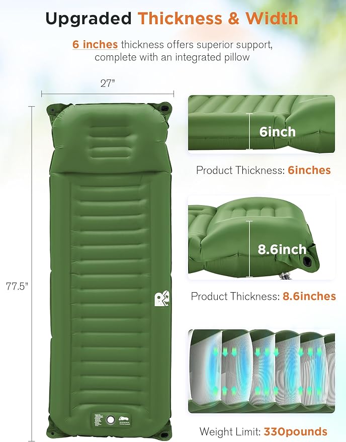 Sleeping Pad for Camping 6 Inches Thick Self Inflatable Ultra Lightweight Sleep Mat with Built-in Pillow ＆ Pump Compact for Backpacking Hiking Tent Travel w/Carrying Bag 77.5''LX27''W, Green