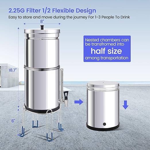 NSF/ANSI 42&372 Standard Stainless Steel Portable Gravity-Fed Water Filter System Water Filter System with Filter and Sight Glass Spigot at Home and Camping (BT-2.25C-B)