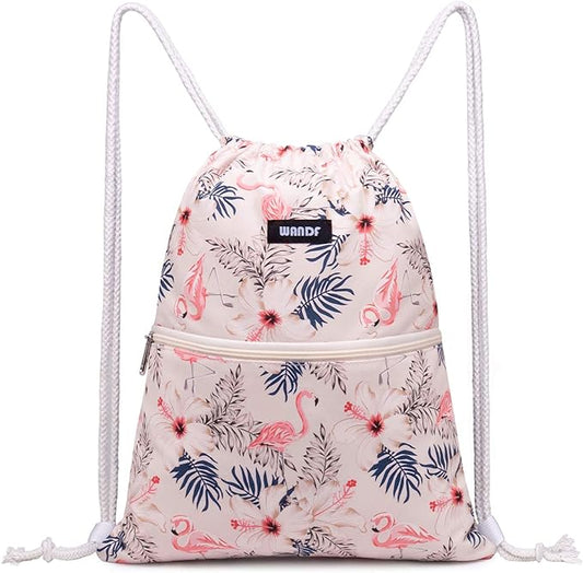 WANDF Drawstring Backpack String Bag Sackpack Cinch Water Resistant Nylon for Gym Shopping Sport Yoga (Flamingo)