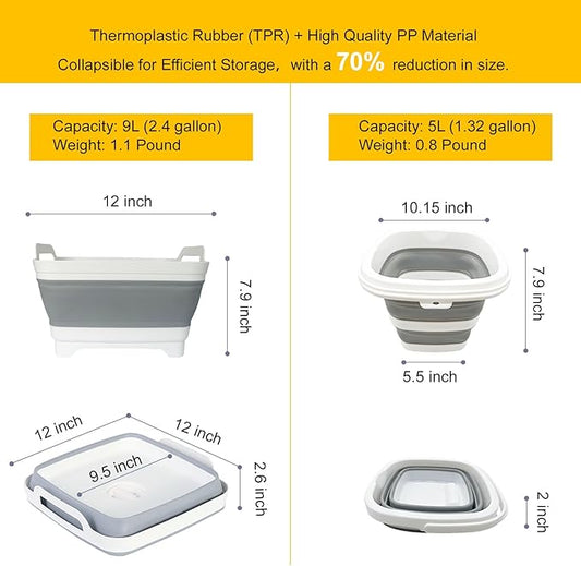 Collapsible Basin Bucket (9L+5L)-Collapsible Dish Tub Portable Sink-Foldable Sink Tub for Cleaning Foldable Portable Plastic (Grey+5L Grey)