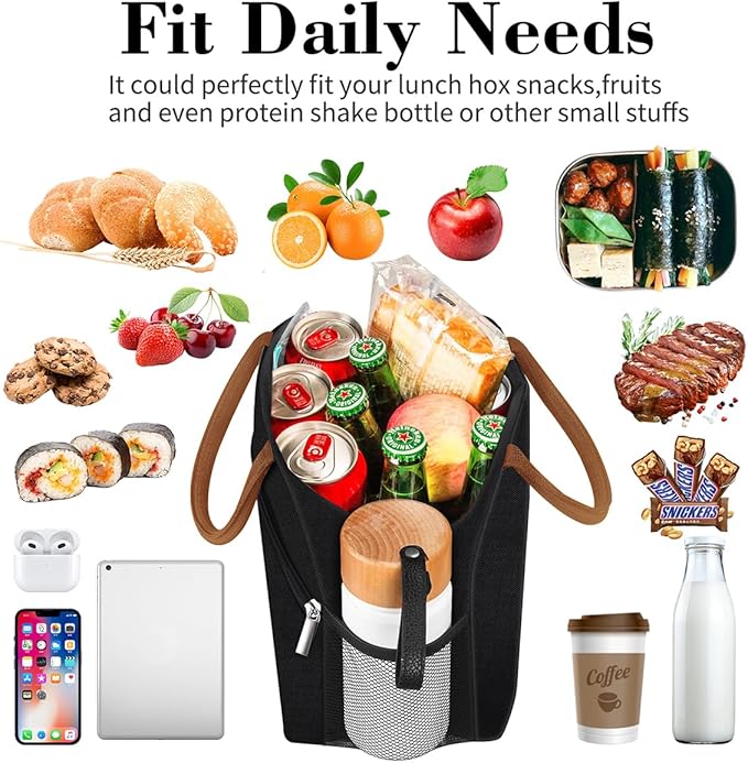 Coobiiya Lunch Box Lunch Bag for Women Adults Men, Reusable Cute Lunch Pail bag - Leakproof, Insulated Lunch Box Tote with Large Capacity, Cooler Lunch Container for Work/Travel/Office (Black)