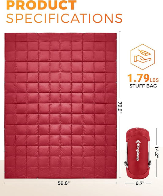 KingCamp Ultralight Camping Blanket, Packable Down Alternative Puffy Wearable Blankets Weatherproof Warm Package Quilt with Snap Buttons for Outdoor Hiking Travel Picnic Stadium (80"L x 60"W, CRIMSON)