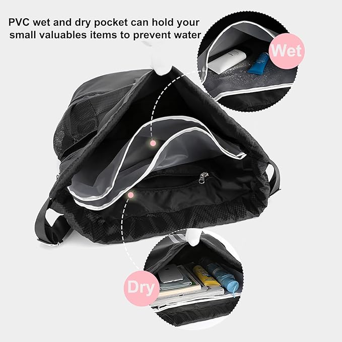 Swim Bag Drawstring Backpack with Wet Pocket Shoe Warehouse String Bag Sackpack for Beach Swimming Pool Gym Sports (Rose)