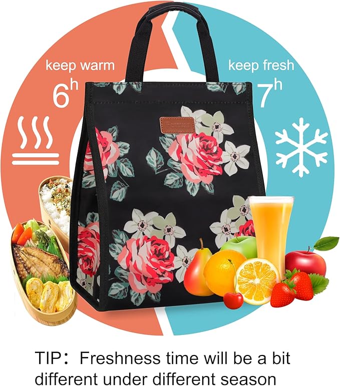 Lunch Bags for Women Insulated Reusable Lunch Tote with Internal Pocket, Lunch Tote bag for Work (Flower)
