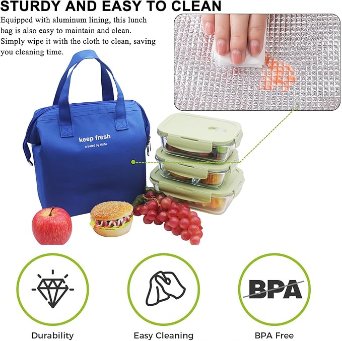 Mziart Insulated Lunch Bag Simple Bento Cooler Bag Lunch Tote Bag for Lunch Box for Women Men Adult Picnic Working Hiking Beach (Blue)