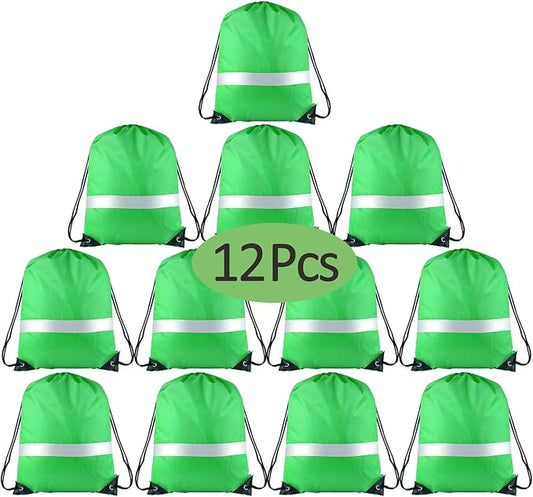 KUUQA 12 Pcs Drawstring Backpack Bag Bulk Reflective Backpack Green String Bags Cinch Sack Backpack for Team Yoga Sport Gym Traveling