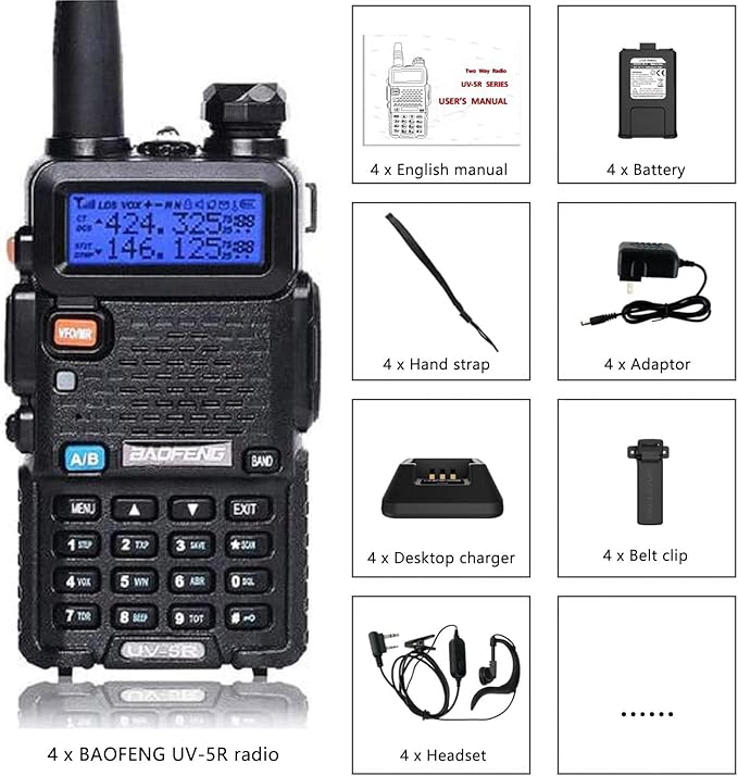 Baofeng UV-5R Dual Band Two Way Radio Handheld Ham Radio Long Range Walkie Talkies Pack of 4 for Hiking Camping Skiing Trip (Black)