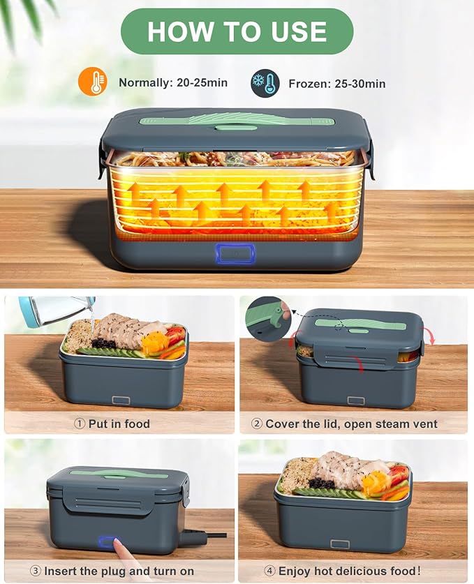 Monteka Electric Lunch Box Food Heater, Upgrade 100W High Power Portable Food Warmer, Heated Lunch Box for Adults Car/Home with 1.8L Removable Stainless Steel Container, 12V/24V/110V/220V, Grey