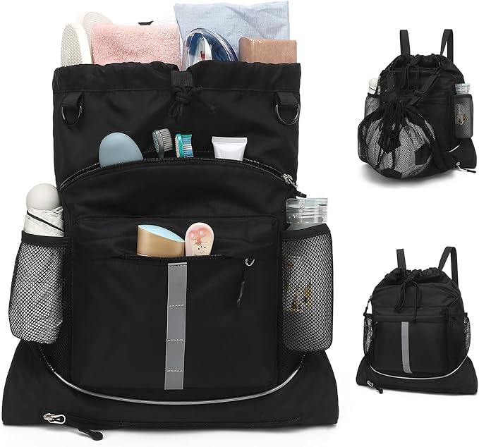 Drawstring Backpack, Waterproof Sandproof Beach Backpack for Sport Gear Small Gym Bag with Hidden Ball Net Pocket and Seperated Wet Pocket Draw String Back Bag for Women Men, Black