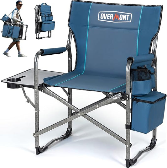 Overmont Oversized Lightweight Camping Chair - Comfortable Heavy Duty Foldable Directors Chairs with Side Table & Cooler Bag for Outside Camp Beach Picnic Lawn and Fishing Supports 400lbs