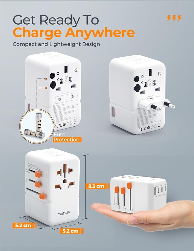 Universal Travel Adapter 85W GaN, TESSAN International Power Adapter with 5 USB(3 USB C) Charging Ports, Worldwide Outlet for US to European EU UK AUS Ireland(Type C/G/A/I)