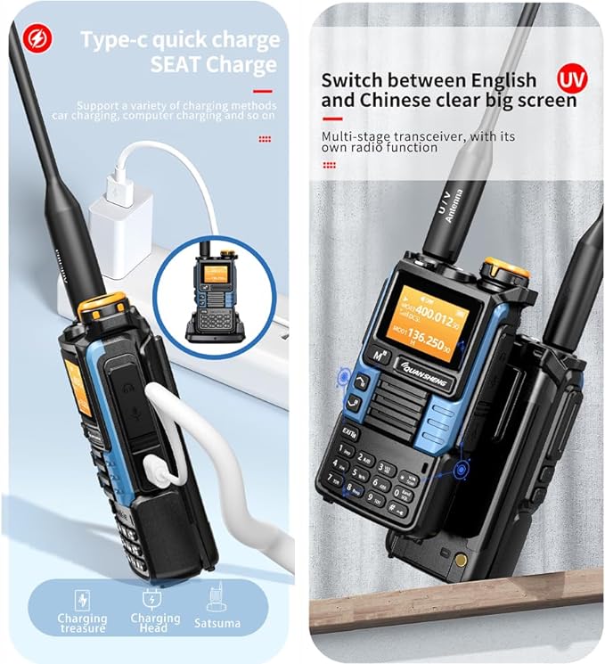 UVK5(99) AM/FM/DTMF Walkie-Talkie 200CH 20-1000MHZ Walkie-Talkie NOAA Weather Forecast with Flash Copy Frequency Tpye-C LCD Display for Hiking Camping Travel Two-Way Radio (Blue)