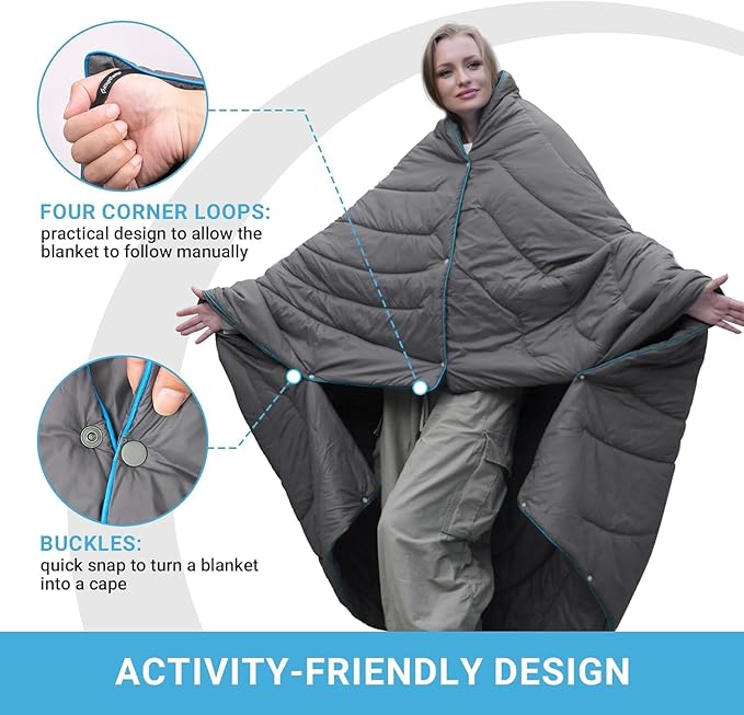 KingCamp Lightweight Camping Blanket - Stylish & Multifunctional Quilt with Snap Button, Portable for Travel, Airplane, Indoor & Outdoor - Provides Warmth - Gray