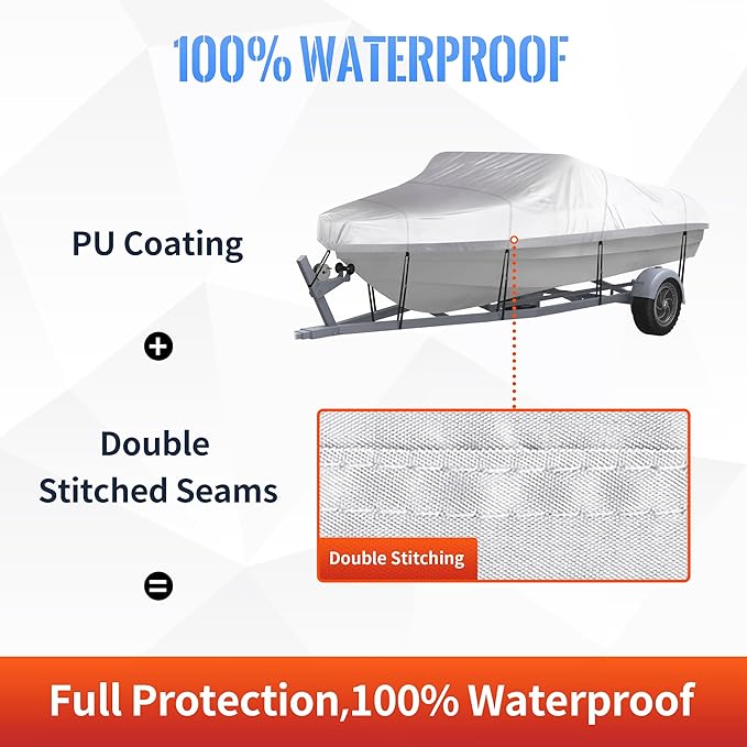 NEXCOVER Trailerable Boat Cover, Length: 20'-23' Beam Width: up to 100", Waterproof Heavy Duty Cover, Fits V-Hull, TRI-Hull, Runabout, Pro-Style, Bass Boat, Storage Bag & Tightening Straps Included.