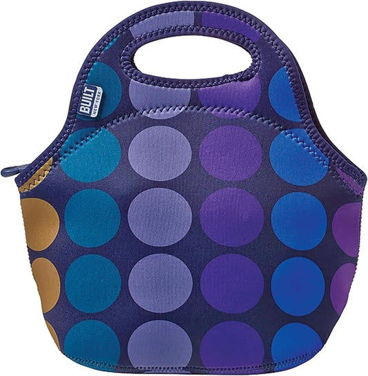 BUILT Gourmet Getaway Soft Neoprene Lunch Tote, Lightweight, Insulated, and Reusable, One Size, Plum Dots