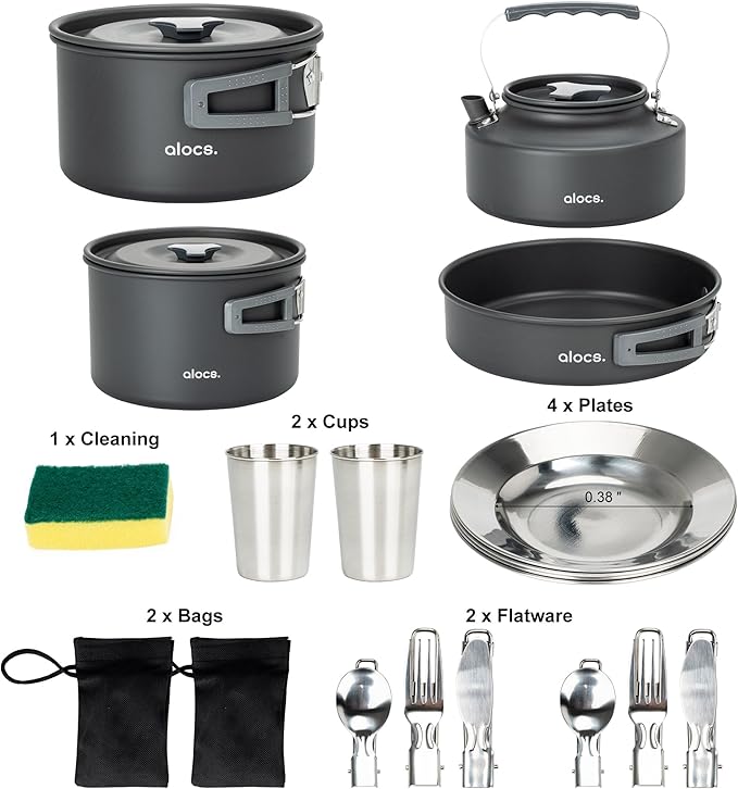 Alocs 17pcs Camping Cookware Camp Kitchen Set with Kettle, Aluminum Camping Cooking Set Backpacking Gear for Hiking,Traveling,Climbing and Picnic