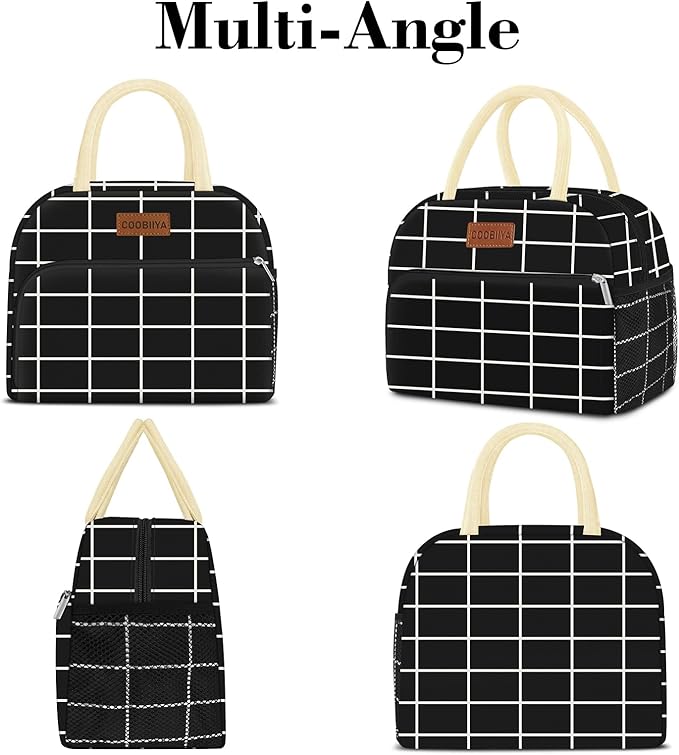 Coobiiya Lunch Bag Women, Lunch Box for Women Adult Men, Small Leakproof Cute Lunch Tote Large Capacity Reusable Insulated Cooler Lunch Container for Work/Office/Picnic/Travel-Black Plaid