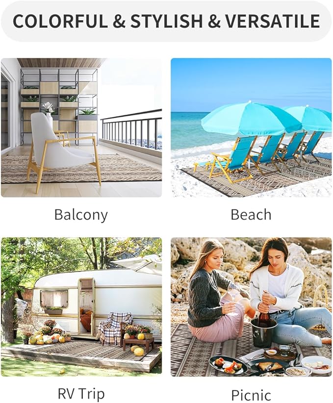 MontVoo Outdoor Rug Carpet Waterproof-Patio Rug Mat 6x9 Reversible RV Camping Rug Picnic Mat Plastic Straw Outside Rug for Balcony Porch Deck Beach-Boho Outdoor Area Rug for Patio Decor Colorful