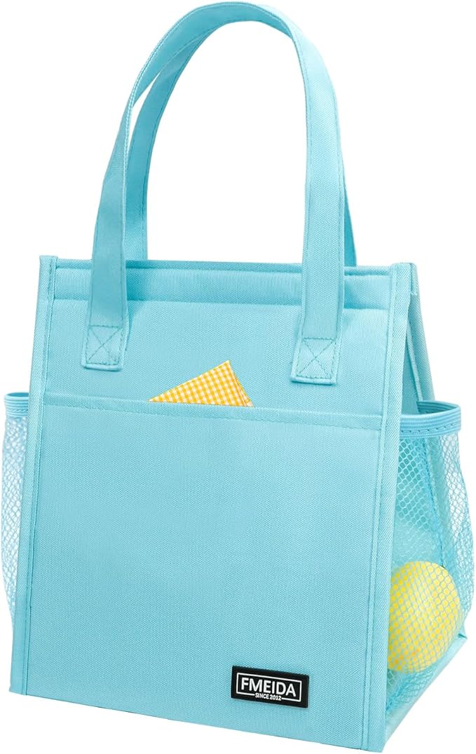 Fmeida Insulated Lunch Bag Women, Simple Lunch Tote Bags, Waterproof Thermal Cooler Lunch Bag, Reusable Adult Lunch Box Bag for Women | Small Sky Blue, Front&Side&Interior Pockets