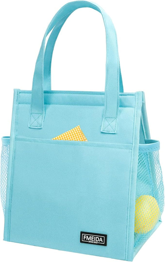 Fmeida Insulated Lunch Bag Women, Simple Lunch Tote Bags, Waterproof Thermal Cooler Lunch Bag, Reusable Adult Lunch Box Bag for Women | Small Sky Blue, Front&Side&Interior Pockets