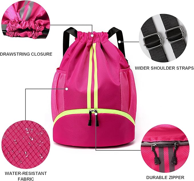Drawstring Backpack Sports Gym Sackpack with Side Mesh Pockets Shoe Compartment Water Resistant String Bag for Women Men (Rose Red)