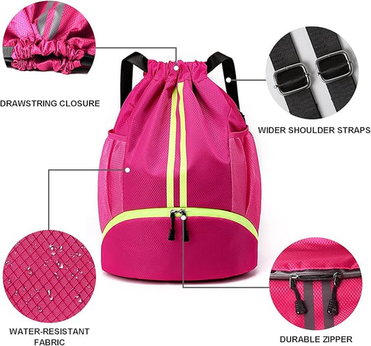 Drawstring Backpack Sports Gym Sackpack with Side Mesh Pockets Shoe Compartment Water Resistant String Bag for Women Men (Rose Red)