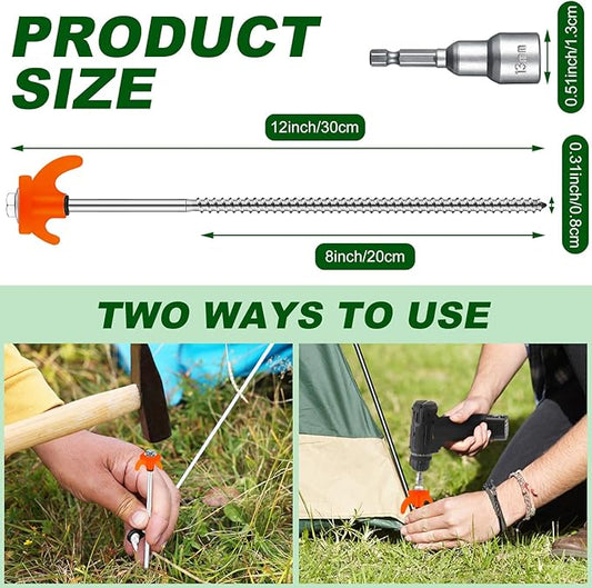JaGely 20 Pcs 12 Inch Screw in Tent Stakes Heavy Duty Ground Anchors Metal Threaded Tent Spikes Camping Stake Screw in Tent Pegs Screw with Hex Head Driver for Camping Travel Decor Outdoor (Orange)