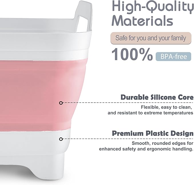 2.4 Gal(9L) Collapsible Dish Basin with Drain Plug, Space Saving Outdoor Multiuse Foldable Sink Tub, Dishpan, Kitchen Storage Tray for Camping, Vegetable Washing, RV (Pink)