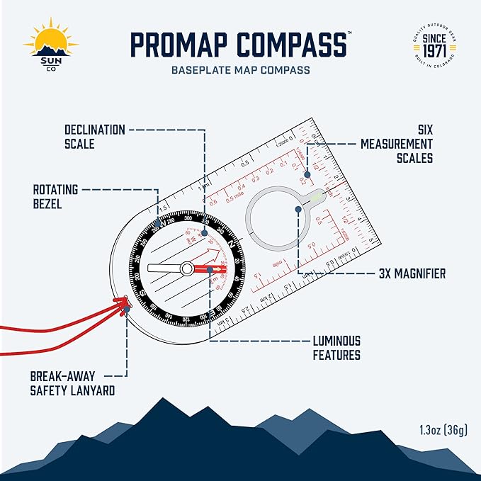 Sun Company ProMap Compass - Ultra Lightweight Baseplate Map Compass with Declination Scale - Accurate Orienteering Base Plate Compass for Hiking, Backpacking, Camping, and Survival Navigation