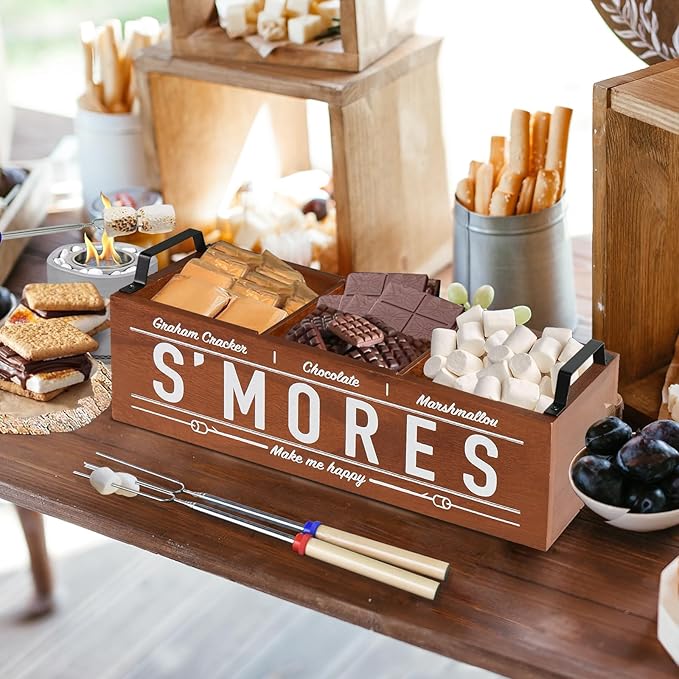 S'Mores Station, Farmhouse Smores Caddy with Handles, Smores Kit for Fire Pit Smores Maker Box, Smores Bar Station with 5Pcs Extendable Marshmallow Roasting Sticks, Camping Essentials Gear Accessories