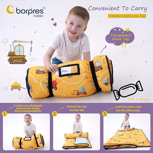 Nap Mat with Pillow Blanket Set: Sleeping Mats for Toddler Kids - Thick Large Roll up Slumber Bag for Daycare Preschool Kindergarten Boys Girls