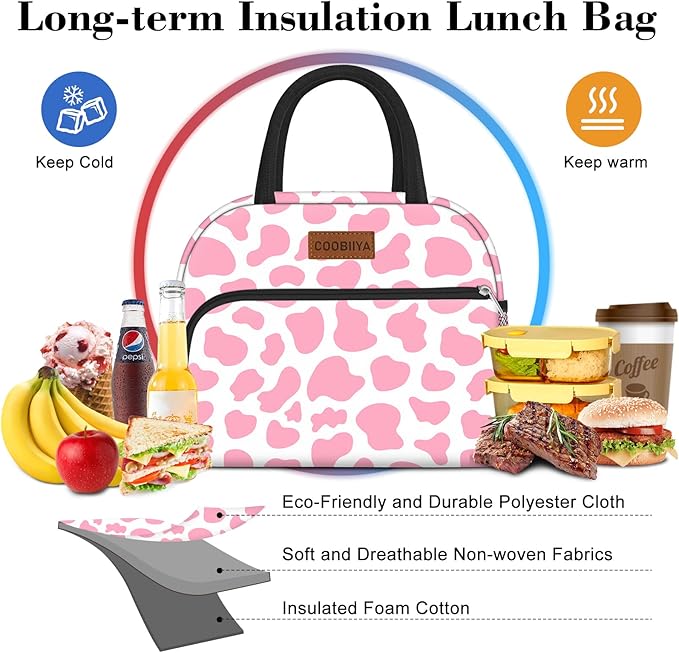 Coobiiya Lunch Bag Women, Lunch Box for Women Adult Men, Small Leak-proof Cute Lunch Tote Large Capacity Reusable Insulated Cooler Lunch Container for Work/Office/Picnic/Travel-Pink Cow