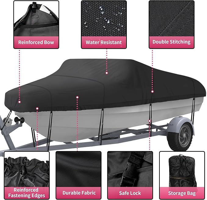 NEXCOVER Trailerable Boat Cover, Length: 17'-19' Beam Width: up to 96", Waterproof Heavy Duty Cover, Fits V-Hull, TRI-Hull, Runabout, Pro-Style, Bass Boat, Storage Bag & Tightening Straps Included.