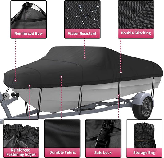 NEXCOVER Trailerable Boat Cover, Length: 20'-23' Beam Width: up to 100", Waterproof Heavy Duty Cover, Fits V-Hull, TRI-Hull, Runabout, Pro-Style, Bass Boat, Storage Bag & Tightening Straps Included.