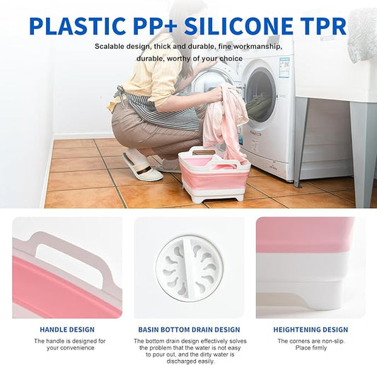 Collapsible Dish Basin Foldable Kitchen Sink With Drain Plug Plastic Laundry Tub 9L/2.4Gal RV & Camping Wash Basin Space-Saving Bottle Washing Sink (Pink)