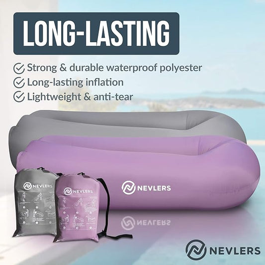 Nevlers 2 Pack Inflatable Loungers Air Sofa Couch | Perfect for Beach Chair Camping Chairs or Portable Hammock |Travel Bag Pouch, Pegs & 3 Pockets| Movie Seating & Camping Accessories Blow Up Lounger