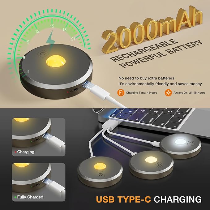 Puck Lights with Remote Control,2000mAh Rechargeable Under Counter Lighting,3 Color Temperatures Dimmable Under Cabinet,Closet Light,3Pack Tap Light for Hallway (Dark Grey, 3 Pcs)