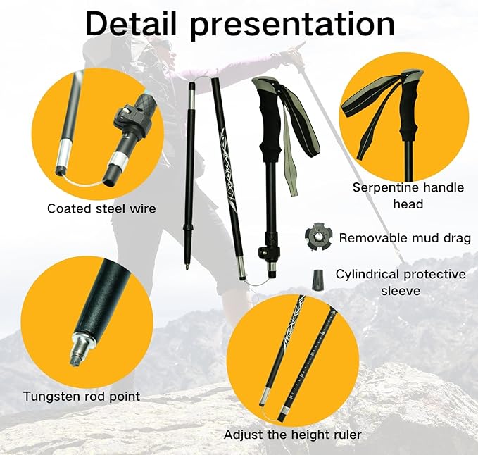 Folding Trekking Poles, Hiking Travel Poles, Hiking Equipment, Lightweight Trekking Poles, Suitable for Men and Women, The Elderly and Children，with an Outdoor Compass