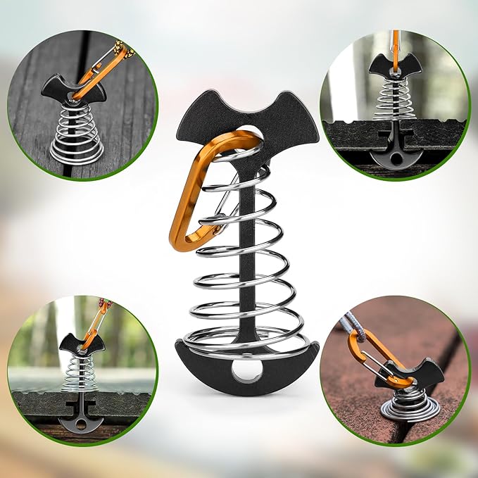 TOBWOLF 10PCS Black Fishbone Deck Anchor Pegs with Carabiners, Aluminium Deck Tie Down Tent Stakes, Windproof Tent Rope Tighteners with Spring Buckle, Outdoor Camping Hiking Cord Adjuster Tensioners