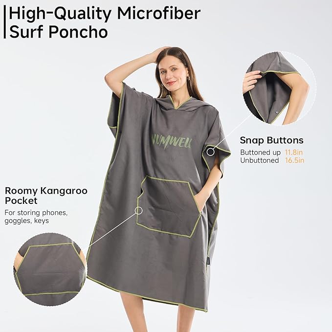 Microfiber Surf Poncho Changing Towel Robe with Changing Mat, Quick Dry Hooded Towel Poncho with Pocket for Beach, Pool, Swim, Wetsuit Changing (Gray)