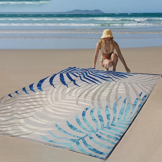 Extra Large Tropical Beach Blanket Waterproof Sandproof, Palm Leaf Design Beach Mat for 4 Adults w/Stakes & Sand Pockets, Lightweight Outdoor Blanket for Camping, Hiking Vacation Essentials