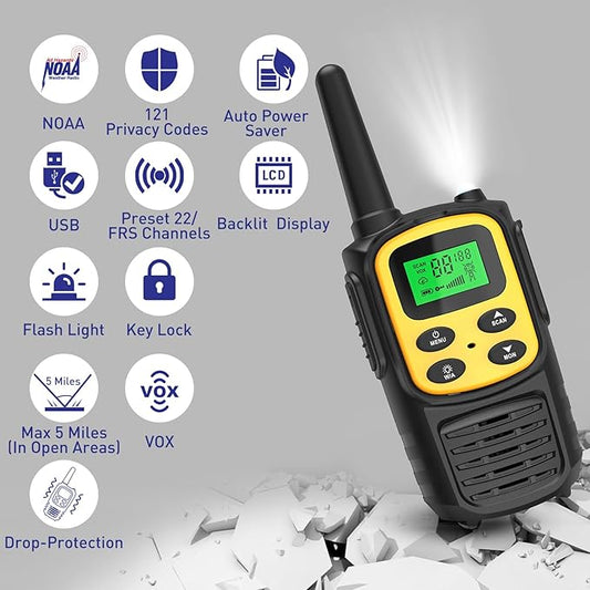 Rechargeable Walkie Talkies,Fvamom Walkies Talkies for Adults with 22 Channels,Long Range Walkie Talkies with NOAA Weather Channels,VOX LCD Display LED Flashlight(Yellow)
