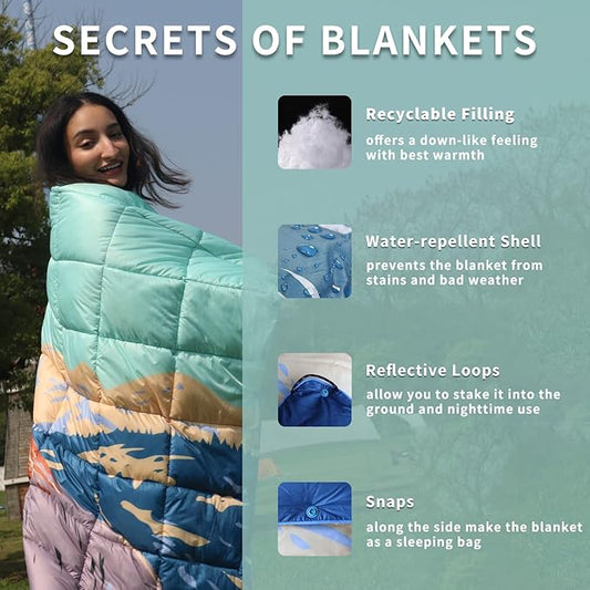 zzlamb Camping Blanket, Lightweight Cloak Puffy Down Alternative Travel Blanket, Portable & Windproof Warm Outdoor Blanket, Cozy Quilt Plane Car Picnic Hammock Beach Backpacking, 52x75in