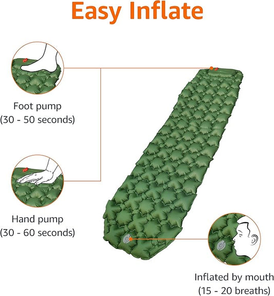 Amazon Basics Sleeping Pad for Camping and Backpacking, Built-In Foot Pump, Olive Green