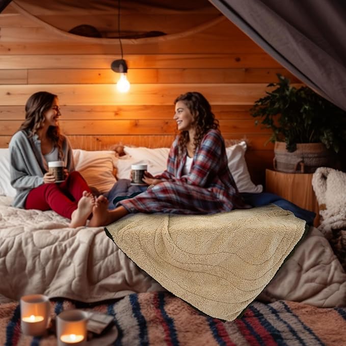 Outdoor Camping Blanket with Sherpa Lining, Extra Warm Thick Camp Blankets & Puffy Ultralight Soft Poncho DWR Camping Quilt for Cold Weather, Adventure,Sleeping,Backpacking 78"x 56"