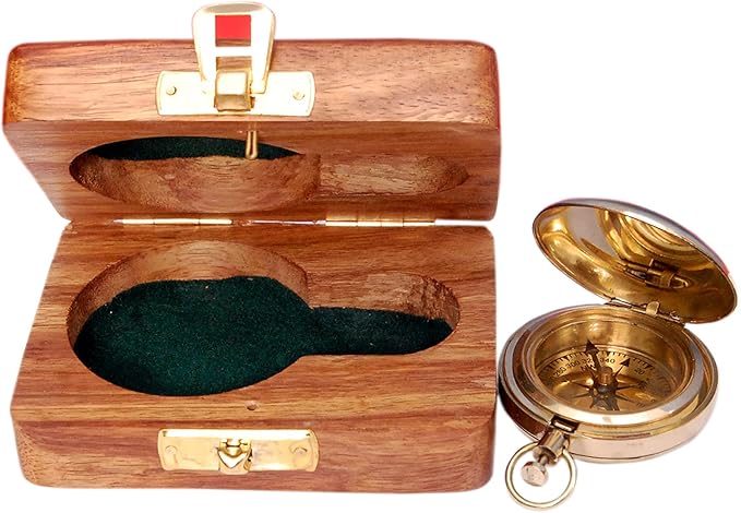 Brass Nautical Compass with Wooden Case - Antique Brass & Copper Sun Clock for Camping, Hiking, Touring - Engraved Gift for Him - Nautical Clock - Compass Gift