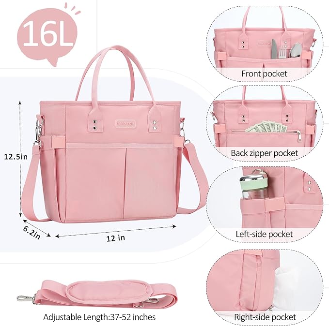 MAXTOP Lunch Bag Women for Work Insulated Thermal Lunch Box with Wide-Open Pocket Reusable Leakproof Cooler Bags with Removable Shoulder Strap for Teacher Nurse Office Picnic Travel Pink